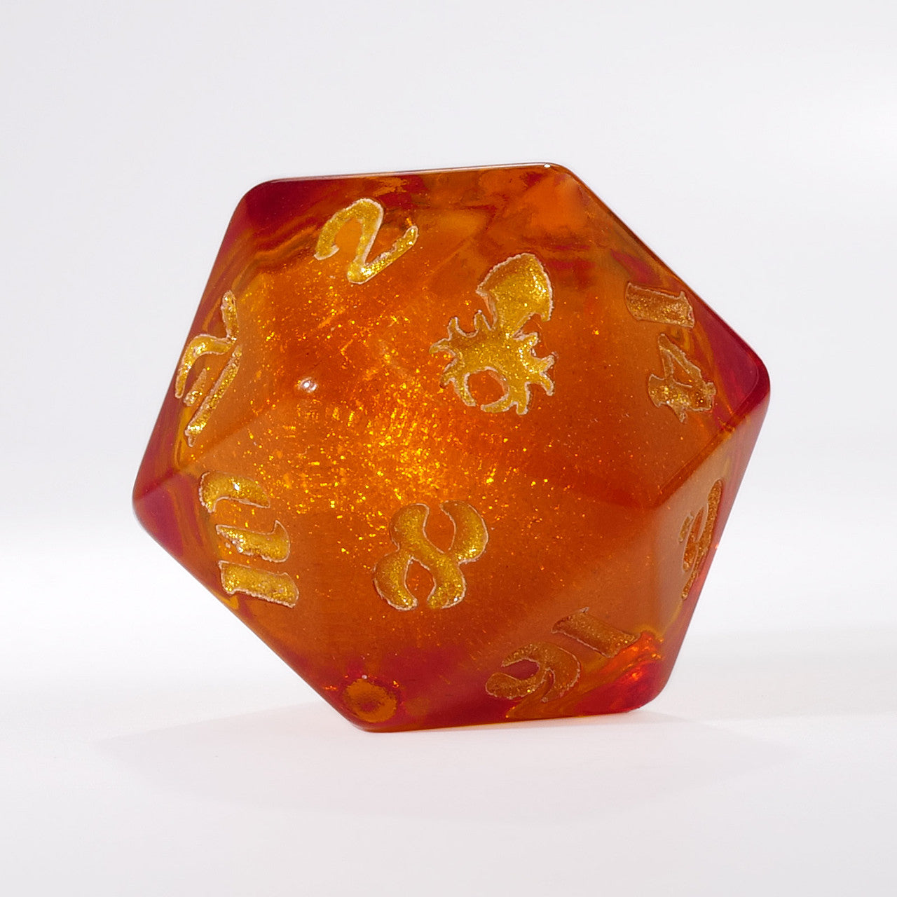 Orange Liquid Core Single D20 with Gold Ink